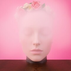 Serene face obscured by pink mist, adorned with roses.