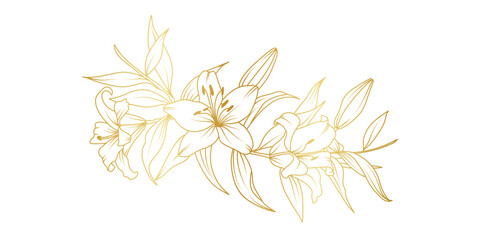 Golden lily flowers line art isolated on white background. Luxury lilies floral design elements for invitation, wedding, wallpaper, print template, vector illustration