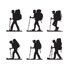 Naklejka premium Set of silhouette of Hiking man. hikers with rucksacks and backpack silhouette.