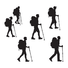 Naklejka premium Set of silhouette of Hiking man. hikers with rucksacks and backpack silhouette.