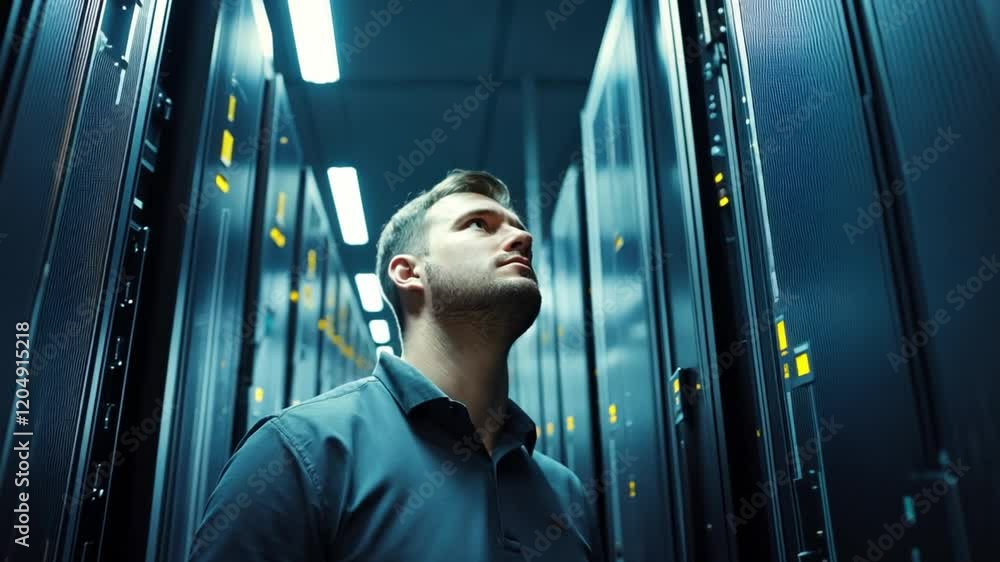 Wall mural a man cloud engineer focuses on cloud computing and cybersecurity, ensuring businesses can store dat
