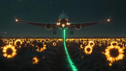 National Biodiesel Day Airplane flying over sunflower field at night.