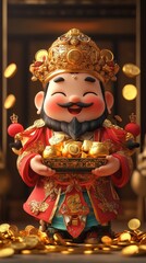 Smiling God of Wealth Holding Gold Ingots, Prosperity with Scattered Coins