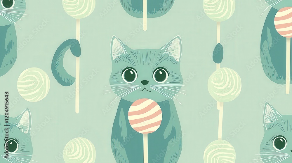 Poster cute cat pattern with colorful lollipops on a soft mint background