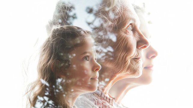 A serene portrait of a young girl and an elderly woman, showcasing the beauty of generational connection through a soft, ethereal overlay
