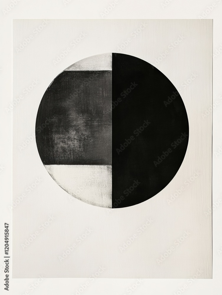 Poster abstract black and white circular artwork featuring geometric shapes and textures on a light backgro
