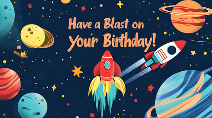 birthday card with planets, stars, and a rocket ship The text "Have a Blast on Your Birthday!" is written in futuristic font 