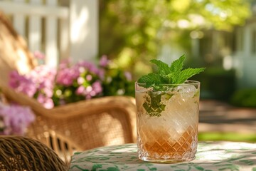 Fototapeta premium Southern cocktail.Mint julep.Classic mint julep.Bourbon cocktail.Mint cocktail.A Mint Julep served on a sunny veranda, with a wicker chair and blooming flowers in the background