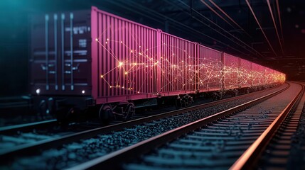 Obraz premium Autonomous rail network glowing with connected cargo trains, seamless logistics, 3D illustration