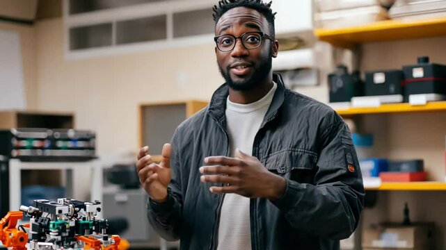 A man roboticist explains robotics basics, introducing students to the mechanics of building and programming robots