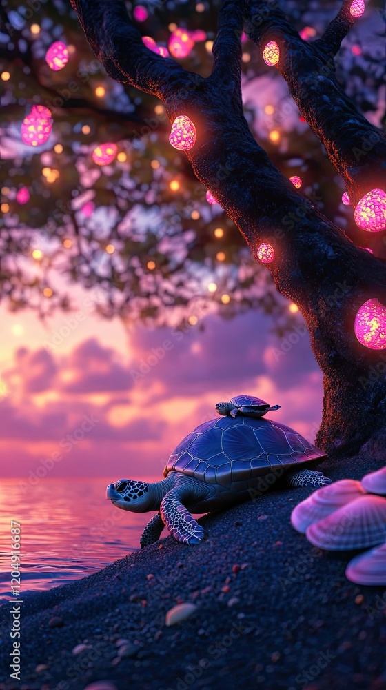 Poster sea turtle and hatchling resting under glowing tree