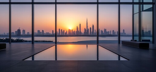 Fototapeta premium Dubai Skyline Sunset Reflection: A Serene View from a Modern Infinity Pool