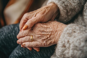 Fototapeta premium A close-up shot of a caregiver hands gently holding an elderly person hand symbolizing care, support and empathy in a healthcare setting