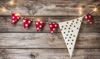 Fototapeta premium Star-Spangled Bunting and Lights on Rustic Wood Background for Festive Decoration