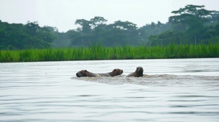 Fototapeta premium Capybaras swimming Amazon river, rainforest background, wildlife