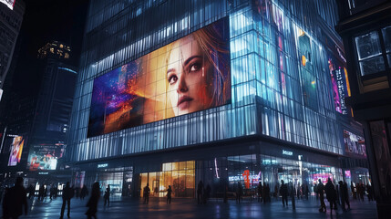 Modern cityscape at night with illuminated skyscraper facade displaying vibrant digital advertisements and silhouettes of pedestrians