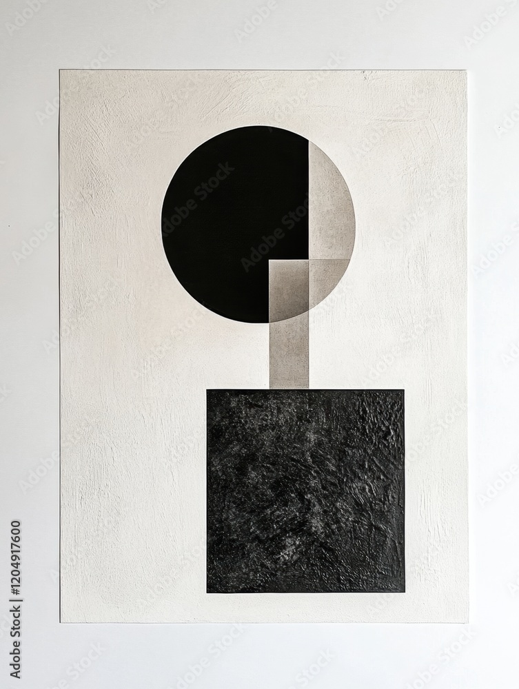 Poster abstract black and white geometric art piece featuring circle and square shapes on textured backgrou