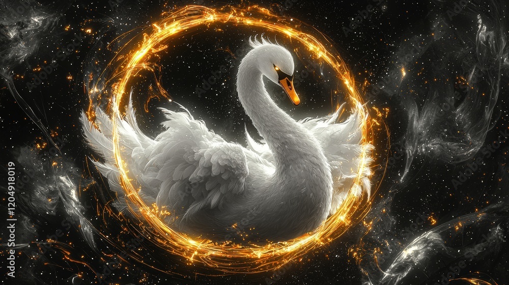 Poster elegant swan surrounded by fiery light in dark background with ethereal atmosphere