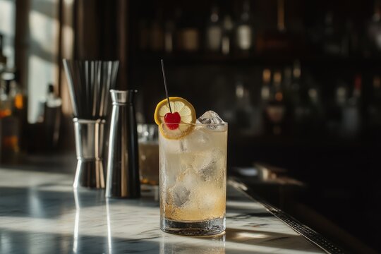 A classic Tom Collins in a tall glass, filled with sparkling clear liquid, ice cubes, and garnished with a lemon wheel.