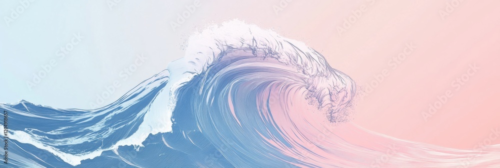 Fototapete Large ocean wave crashing against the shore under a pastel sky at sunset creating a calming and serene atmosphere. Generative AI