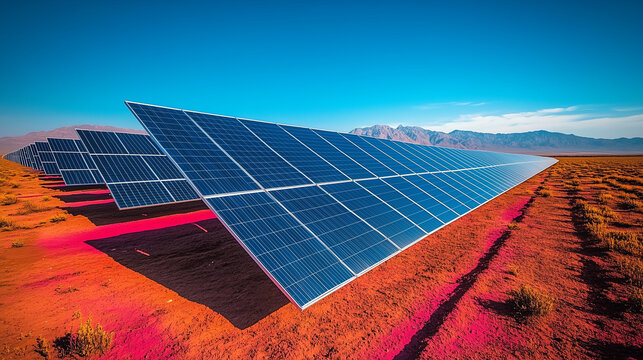 A large array of solar panels in a desert environment