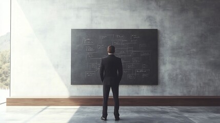 Obraz premium Businessman Analyzing Business Plan on Whiteboard in Modern Office