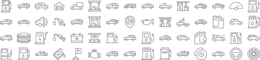 Car, Gas Station, Road Modern Outline Style Icons for Design, Cards, Apps, Social Networks