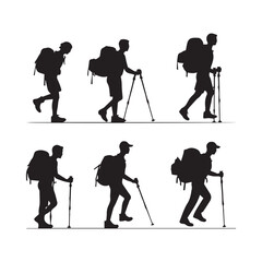 Naklejka premium Set of silhouette of Hiking man. hikers with rucksacks and backpack silhouette.