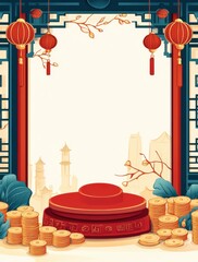 Chinese Architecture Background with Lanterns and Stacked Gold Coins
