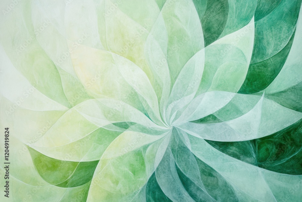 Poster abstract green and white spiral pattern showcasing soft curves and fluid shapes in a serene design. 
