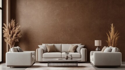 Modern Living Room Interior with Brown Wall, Beige Sofa and Armchairs