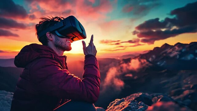 A man traveler enjoys immersive experiences enabled by virtual reality in the tourism industry, creating unforgettable memories