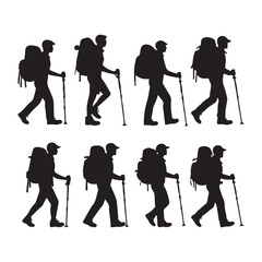 Set of silhouette of Hiking man. hikers with rucksacks and backpack silhouette.