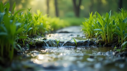 Fototapeta premium Close up of fresh water stream with young green plants