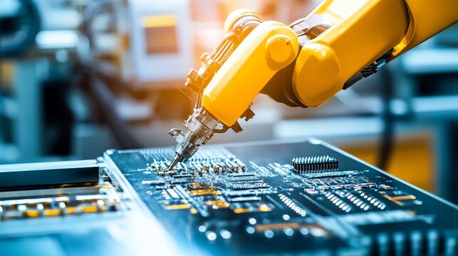 A robotic arm assembling delicate microelectronics in a high-tech electronics lab, clean and precise environment, Microelectronics-tech style