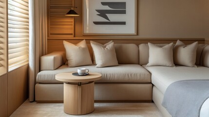 Modern Minimalist Sectional Sofa in Light Beige with Wooden Accents and Natural Light