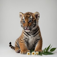 Obraz premium A cute baby tiger seated beside a blooming flower, with a plain white background.
