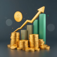 Bitcoin Stacks with Rising Gold Arrow on a Dark Background Representing Cryptocurrency Growth, Investment Opportunities, and Market Trends