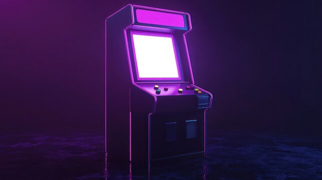 Retro arcade game cabinet glows in dark room