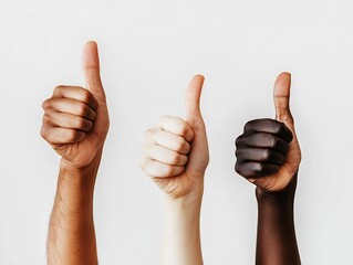 Diverse Hands Flashing Thumbs Up Sign on White Background Conveying Positivity and Unity