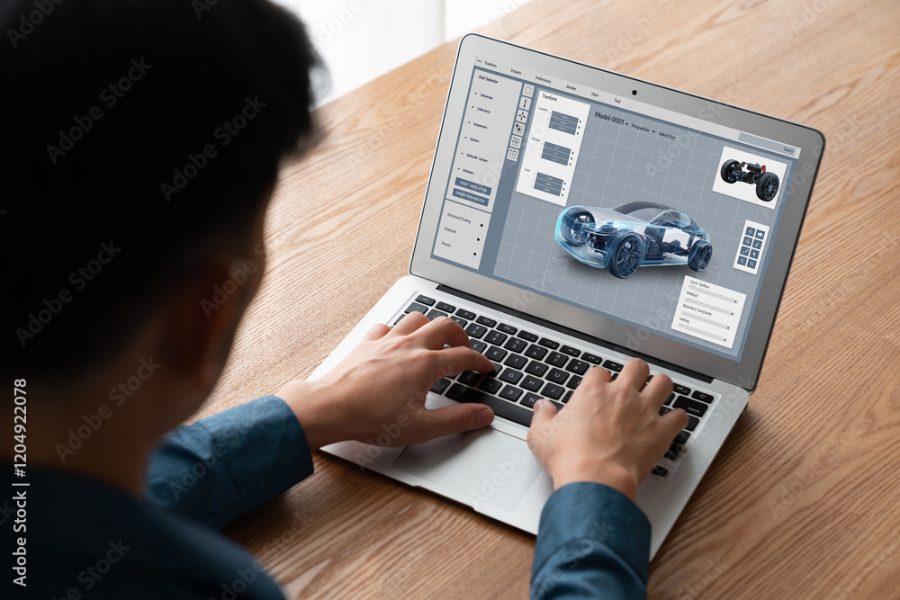Poster electric car design software on computer screen showing simulation blueprint snugly by digital calcu