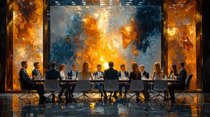 Businesspeople seated around a large table in a modern conference room, admiring a large abstract painting on the wall.