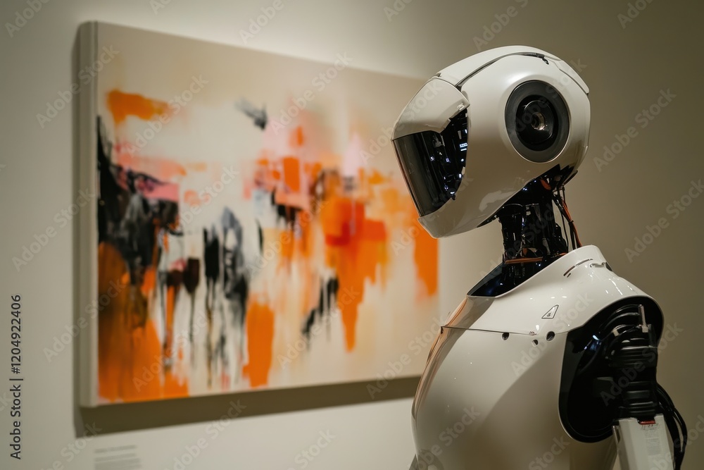 Poster a robot stands in front of a piece of art, analyzing it with its cameras and sensors.. a robot stand