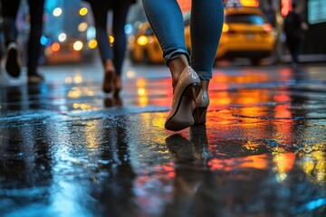 Fototapeta premium City Night Reflections: A Woman's Heels on a Wet City Street