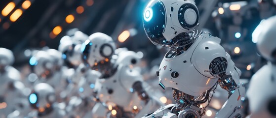 Futuristic White Robots Assembly Line: A Glimpse into Advanced Robotics