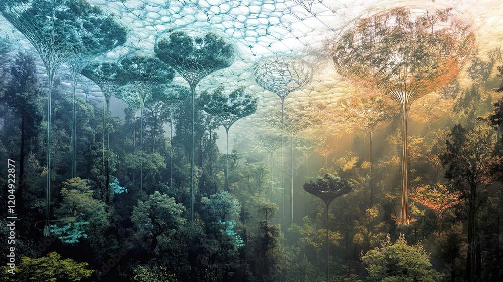 Poster enchanting surreal forest with unique tree structures