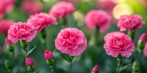 Magenta carnation blossoms closeup fresh vibrant lush green background