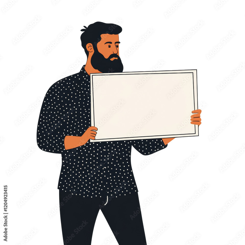 Poster a stylish man with a beard holds a blank white rectangular sign against a plain background.