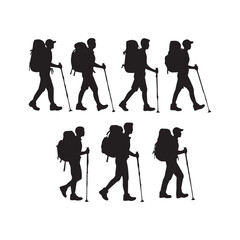 Set of silhouette of Hiking man. hikers with rucksacks and backpack silhouette.
