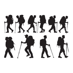 Obraz premium Set of silhouette of Hiking man. hikers with rucksacks and backpack silhouette.